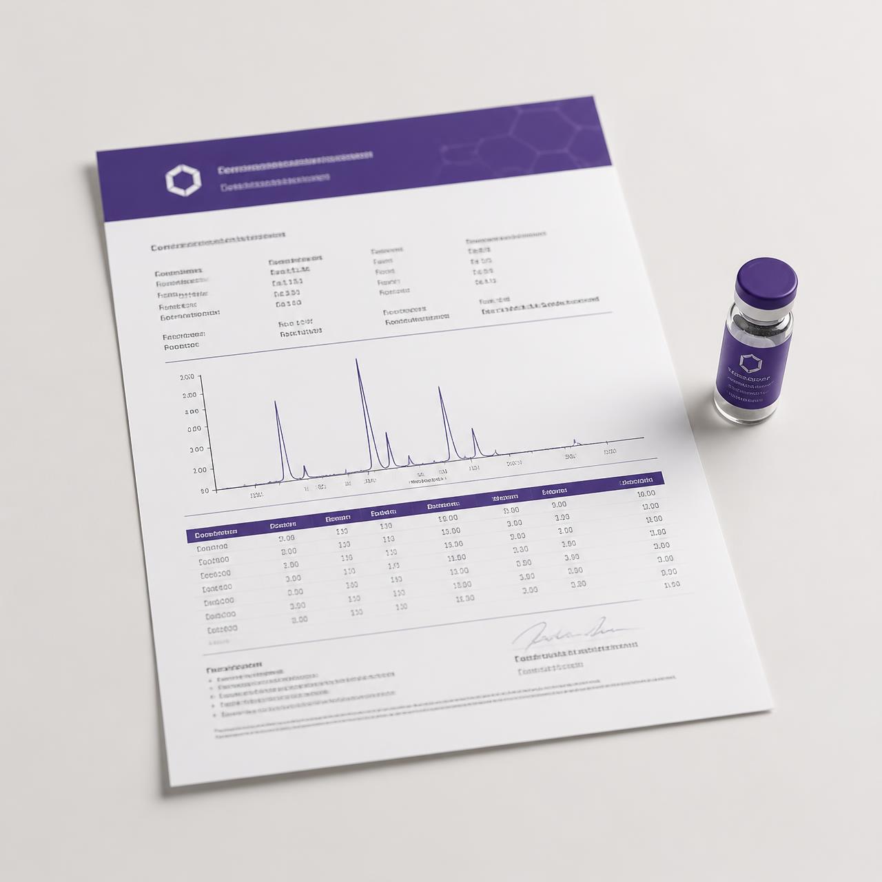 Certificate of analysis document beside a purple-labelled research vial