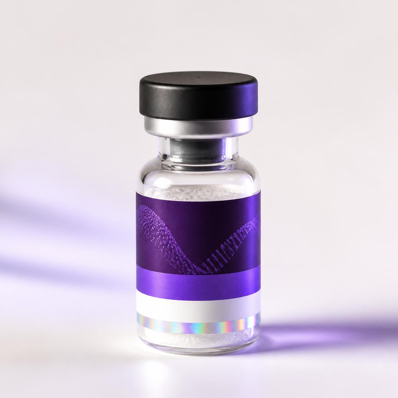 Rebornpeps laboratory vial with deep purple label and holographic accent